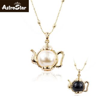   18KGP Faux Pearl Aladdins Lamp Teapot Pendant Long Chain Necklace