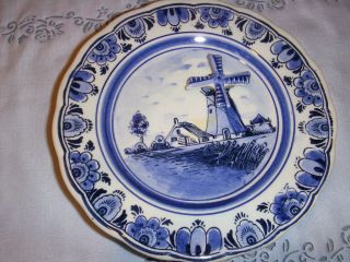 Vintage Delfts blue wall plate windmill musical 7 1/2 made in Holland