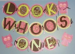 LOOK WHOOS ONE FIRST BIRTHDAY OWL BANNER Custom made 1st Whos 1 Girl 