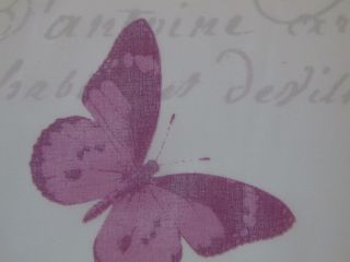 Designer Curtain Fabric Butterfly Script Voile Teal Mauve Lime on 