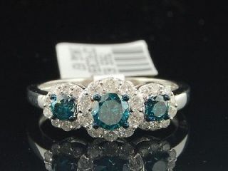   White Gold Blue & White Diamond Engagement Ring 3 Stone Halo Set Band