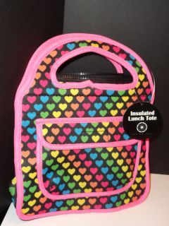 Insulated Soft Lunch Bag Box Tote Neoprene $29 Black Hearts Rainbow 