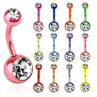 Navel Belly Button Bar Ring Vibrant Neon Titanium Anodized Double Gem 