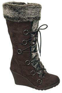 Top Moda Womens Pure 3 Brown Wedge Heel Faux Suede Boot with Faux Fur