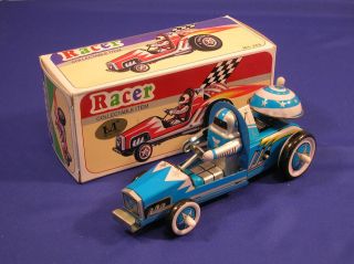 Vintage Metal King Blue Racer Tin Toy Car~Wind up Racing Vehicle~FREE 
