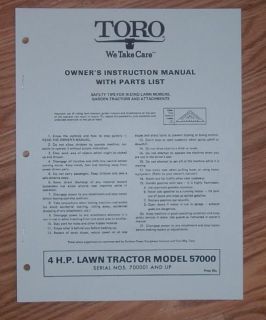 TORO OWNERS MANUAL / PARTS CATALOG 4HP LAWN TRACTOR