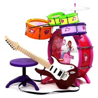   Drum Set Kit & Red Guitar Toy Musical Instrument Playset Educational