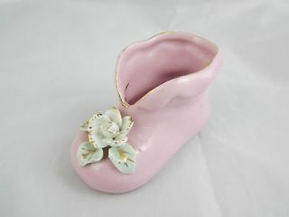   Porcelain Pink Baby Shoe Figurine w/ White Flower & Gold Trim   Japan