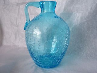 Pretty shade of Blue Blown Crackle Glass Jug 6 tall maker unknown 