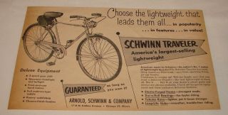 1952 Schwinn TRAVELER bicycle ad ~ CHOOSE LIGHTWEIGHT