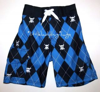   BLUE BLACK ARGYLE Skull Swimsuit Trunks Board Shorts Boy Size 3 5 6