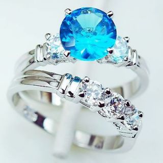 BLUE TOPAZ ladys 14K white Gold Filled Engagement Wedding Ring #6 