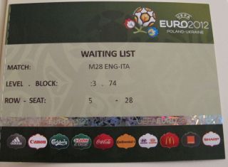 UEFA EURO 2012 Poland Ukraine England Italy Quaterfinal match ticket
