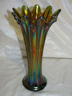 Authentic Vintage Northwood Carnival Glass Green Thin Rib Vase