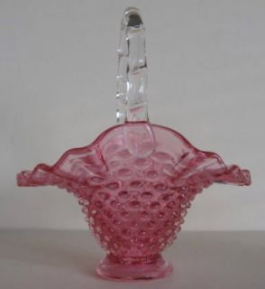 VINTAGE CRANBERRY OPALESCENT GLASS BASKET Hobnail Pattern