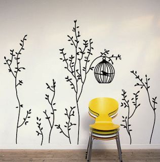 Bird Cage&Trees Removable Wall Decals Vinyl Black Gray Home Decor 