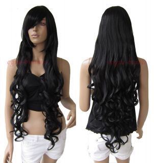   Heat resistant Long Bang Black Spiral Wavy Cosplay Party Hair Wig 1B