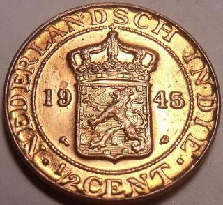 VERY OLD UNC NETHLANDS EAST INDIES 1945 HALF CENT~FR/SH