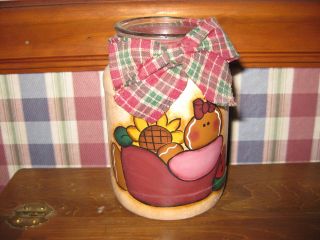 COUNTRY GINGERBREAD SUNFLOWER COUNTRY CANDLE HOLDER JAR HANDPAINTED HP 