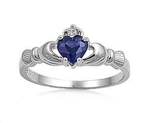 Hot sell heart Claddagh Silver Ring Sapphire with Clear CZ Sizes 5 9