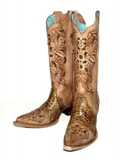   Womens C2152 Chocolate Sand Python Laser Tooled Fashion Western Boots