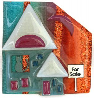 GREAT LUCINDA HOUSE FOR SALE PIN SPARKLY ACRYLIC GRN/ORG CAT IN WINDOW 