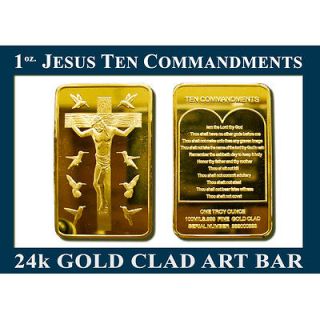 TROY OZ JESUS TEN COMMANDMENTS GOLD CLAD 24k ART BAR WIN NOW COLLECT
