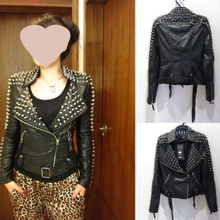 New Womens Punk Spike Studded Shoulder PU Leather Jacket Coat 