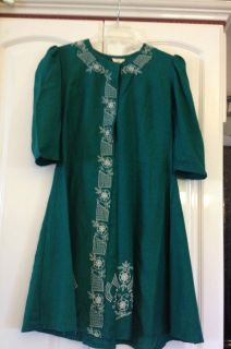 VTG 70s POLO APPAREL Hippie CHIC Dress Green Floral Embroidery EUC 