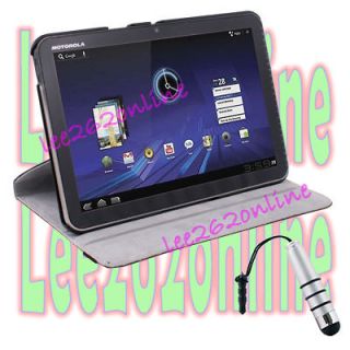   Leather Case Cover For Motorola Xoom Black+Metal Stylus SILVER