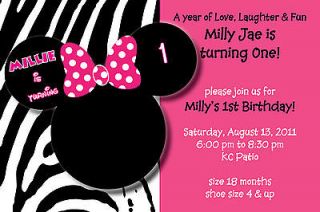   Minnie Mouse theme Zebra Pattern Photo Invitation I design YOU PRINT
