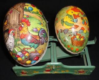 Vintage Tin Toy Easter Egg Scale Paper Mache Eggs Bunnies Ducks 