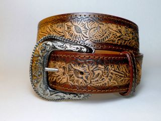 Western Tooled Leather Belt with Western Style Cowboy Buckle, Sizes 32 