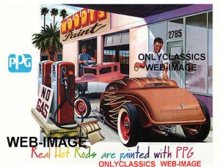 PPG POSTER HOT ROD AT GAS STATION  WOODYS PAINT SHOP AUTOMOBILIA 