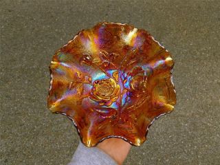 ELECTRIC HONEY OLD IMPERIAL AMBER OPEN ROSE CARNIVAL GLASS BOWL 
