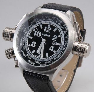 Unique Jumbo Mens Sport Watch GMT Date Leather Band Crown Protector 