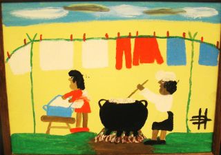 Clementine Hunter Signed Framed Folk Art Painting Wash Day c1977 19.25 
