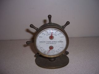   BRASS SHIPS WHEEL THERMOMETER   NELSON COOK MOBILE HOMES EAST ALTON IL