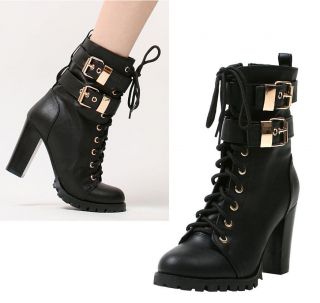   HOT ITEM WOMENS MIDCALF GLADIATOR MILITARY COMBAT BUCKLE BOOTS BLACK