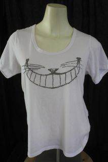   Juniors LARGE Alice Cheshire Cat Big Grin Wide Neck White SS T shirt