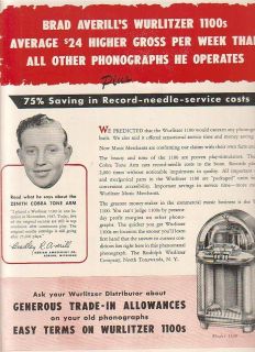 Wurlitzer 1100s phonograph 1948 Ad  higher gross per week Adrian 