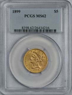 1899 LIBERTY HEAD GOLD HALF EAGLE $5 MS 62 PCGS