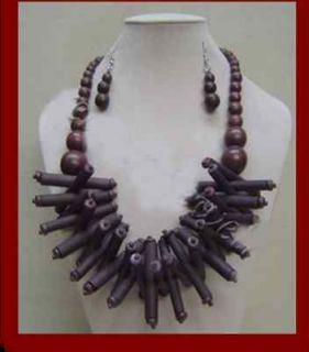 African wooden brown cylinder ethnic necklace and earring set