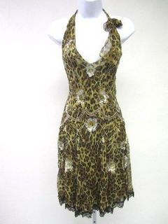   PACKHAM Brown Black Silk Leopard Print Sequin Halter Dress Sz L $1600