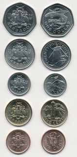 Barbados   Set of 5 Coins 2008 2009 UNC 1, 5, 10, 25 Cents, 1 Dollar