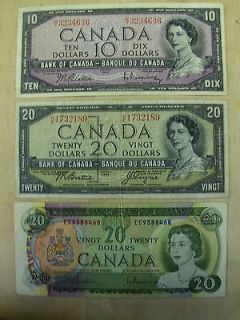 1954 TWENTY & Ten Dollar Canadian Bill & 1969 Twenty Dollar Bill  3 in 