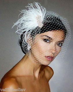 White Vintage Style Fascinator Clip & Birdcage Bridal Veil Headpiece 