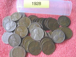 1928 P LINCOLN WHEAT CENT ROLL, 50 nice coins