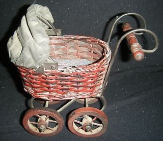 VINTAGE baby DOLL carriage BUGGIE stroller WICKER metal & CLOTH 