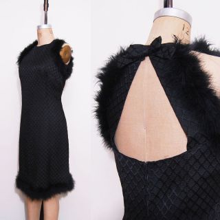 Vintage 1960s Audrey Hepburn Costume Black Feather Knee Length Dress 